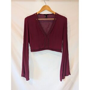 Forever 21 Burgundy Crochet Trim Long Bell Sleeve Crop Top Blouse Small